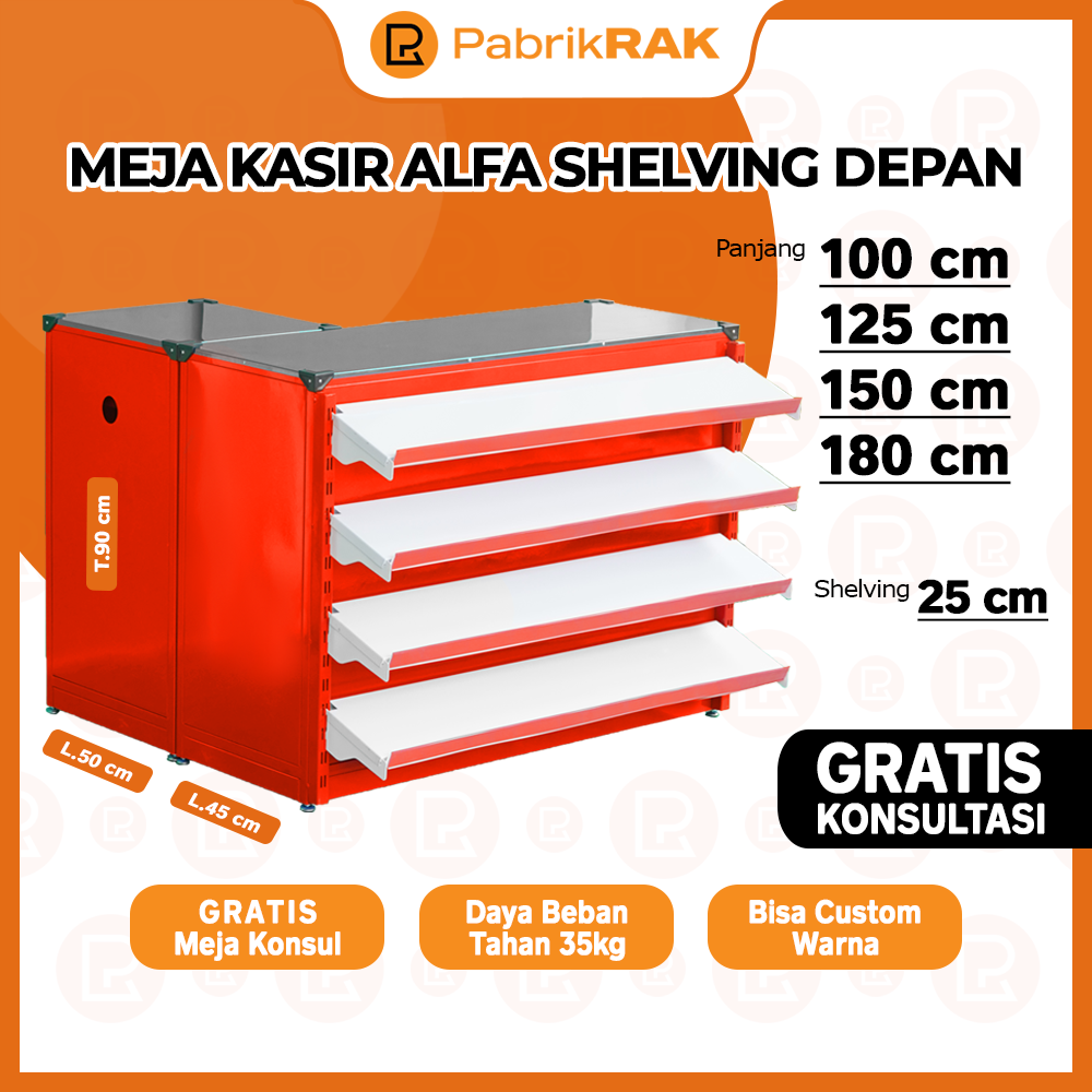 Meja Kasir Alfa + Shelving Depan